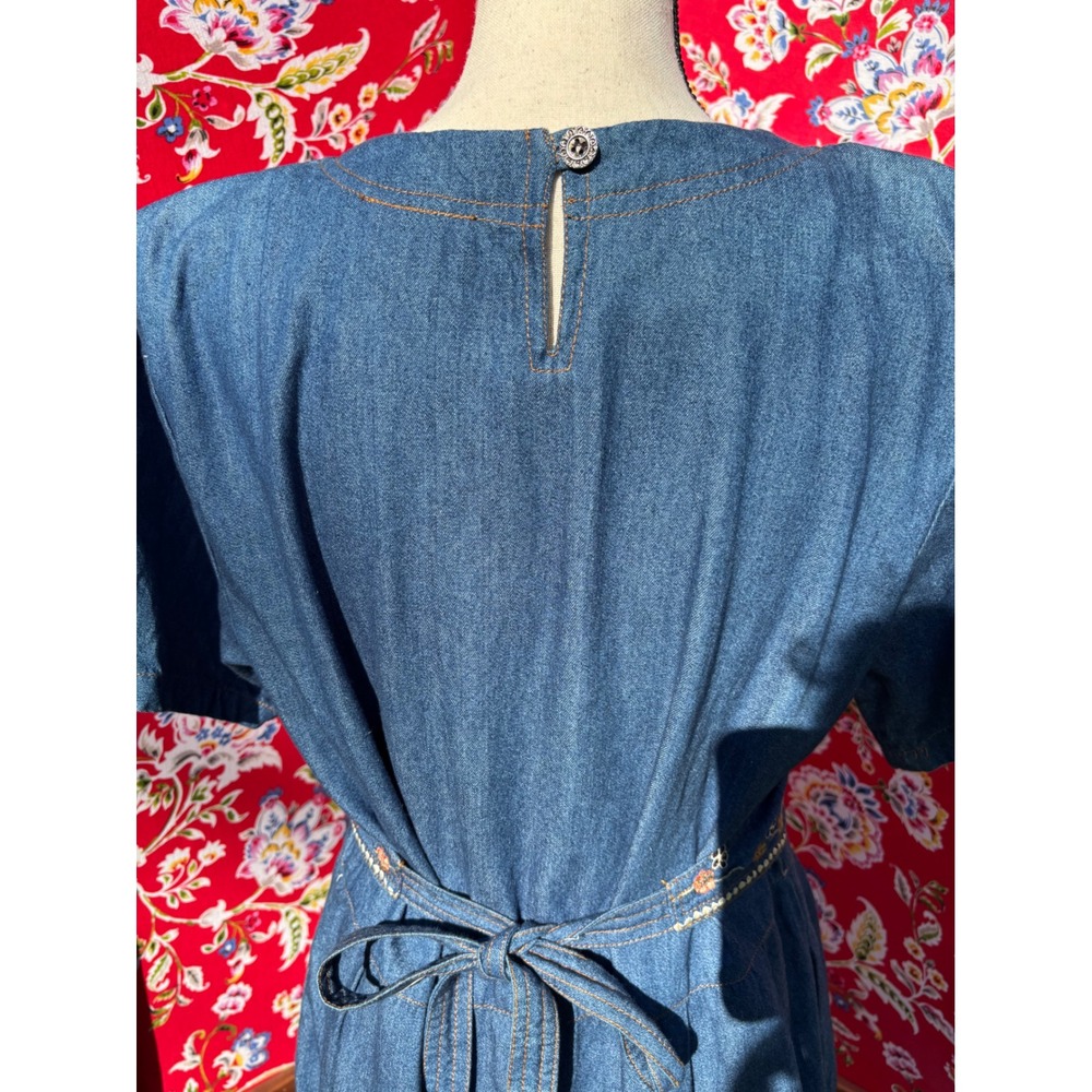 VTG 90's 100% Cotton Soft Denim Embroidered Western Prairie Maxi Dress Size L - Picture 15 of 16